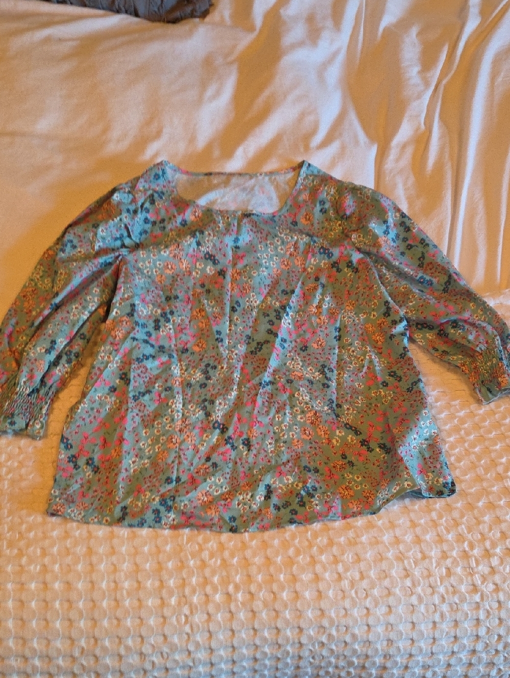 SHEIN Green Floral Scoop Neck Blouse with Pink & Blue Accents